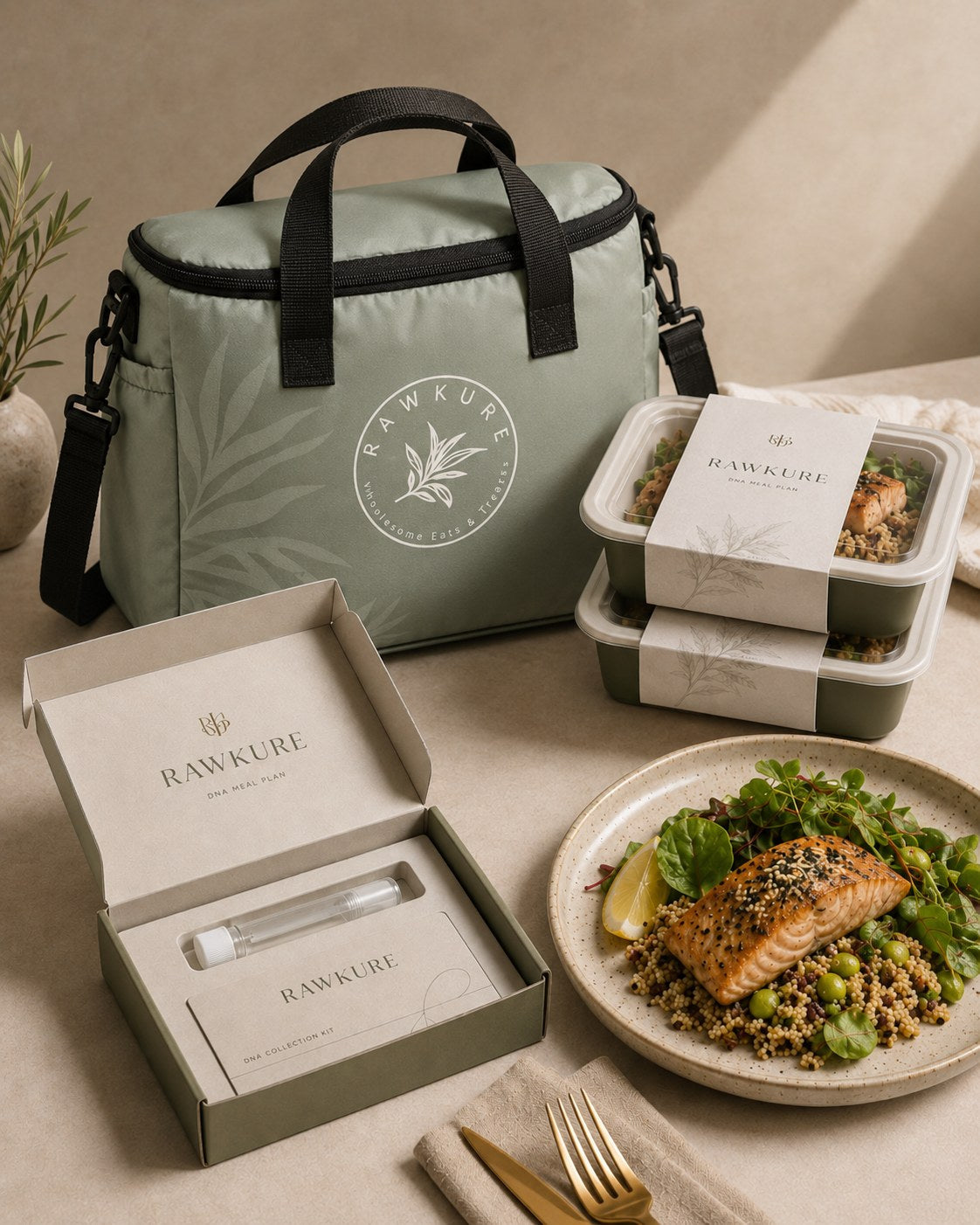 Rawkure DNA meal plan collection kit with chef-cooked salmon meal and insulated delivery bag